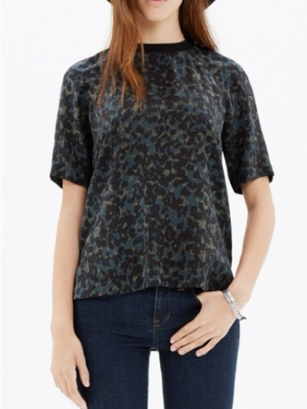 Madewell 100% Silk Leopard Print Top S Blue Gray Short Sleeve Zip Back